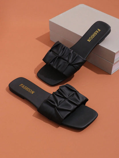Women Summer Slip-Resistant Flip Flops, Soft-Sole Outdoor Beach Slippers, Fashionable Square-Toe Slippers, Vacationcore