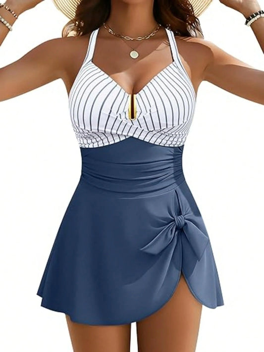 Women Tummy Control Swim Dress Contrast Ruched Cross Push Up Swimsuits Casual Swimwear