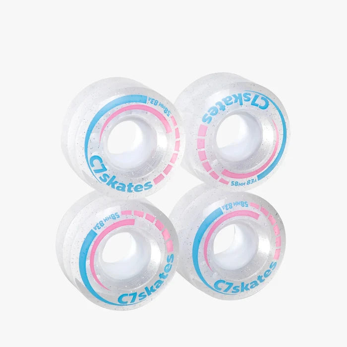 Four C7skates wheels with white centers and colorful rims on a white background
