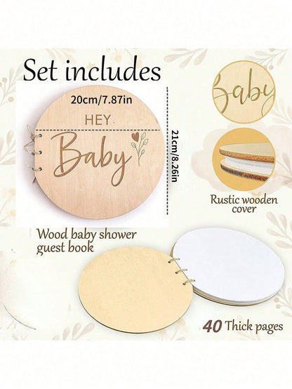 Wooden Baby Shower Guest Book 1pc, Baby Shower Games Guestbook Keepsake Memory Book,40 PagesRustic Baby Shower Guest Sign In Book, Baby Shower Games Guestbook Keepsake Memory Book,Keepsakes For Baby S