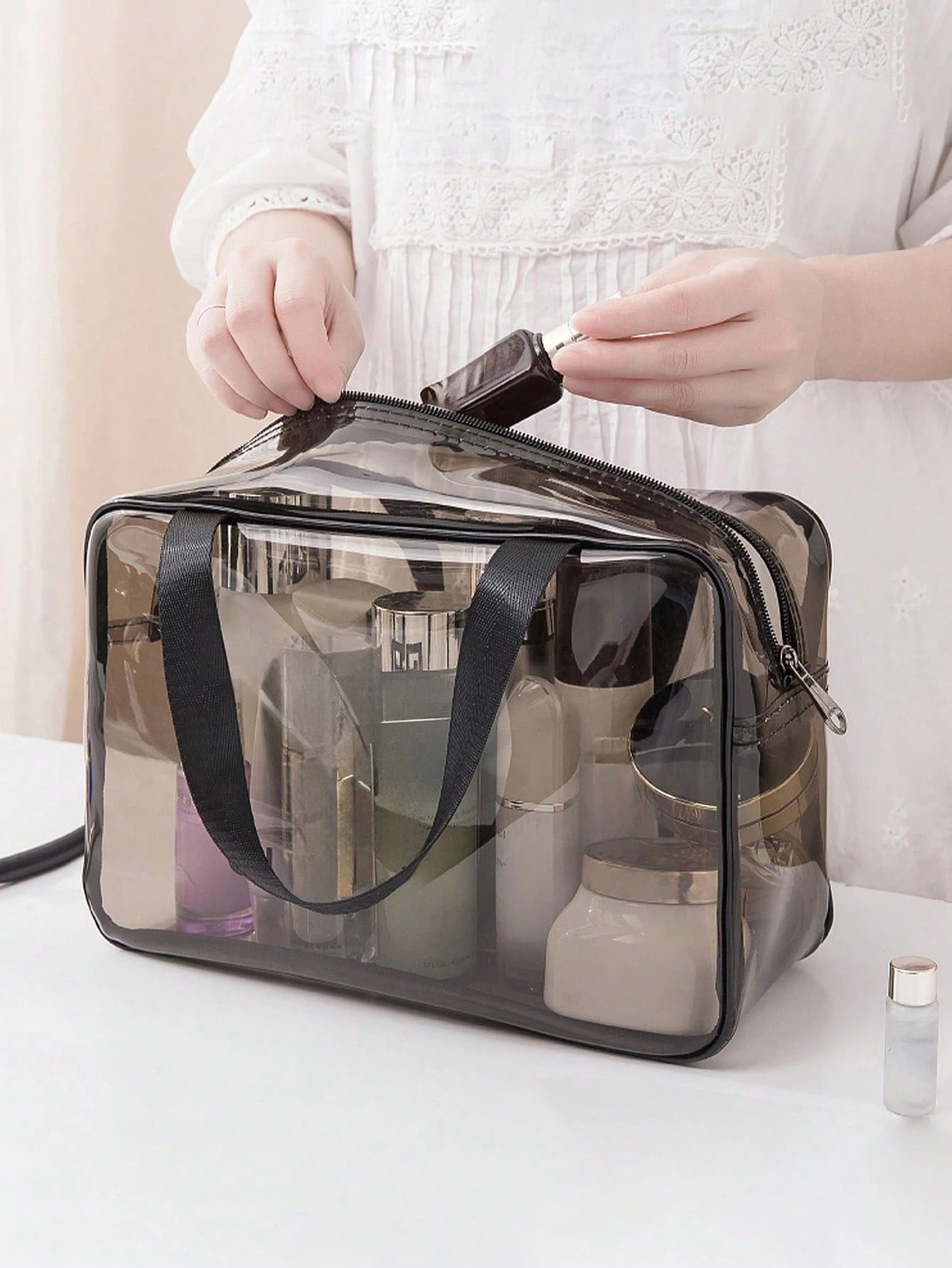 X Milania 1PC Storage Bag Makeup Travel Bag Make Up Brush Bag Toiletry Bag Transparent Single-Layer Makeup Bag Made Of PVC Material, Hand-Held Toiletry Bag, Cosmetic Storage Bag, Beach Bag, Esse