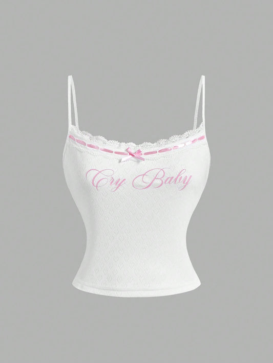 X YERIMUA MOD Women's Pink White Lace Printed Camisole Top Party Night Summer Y2k