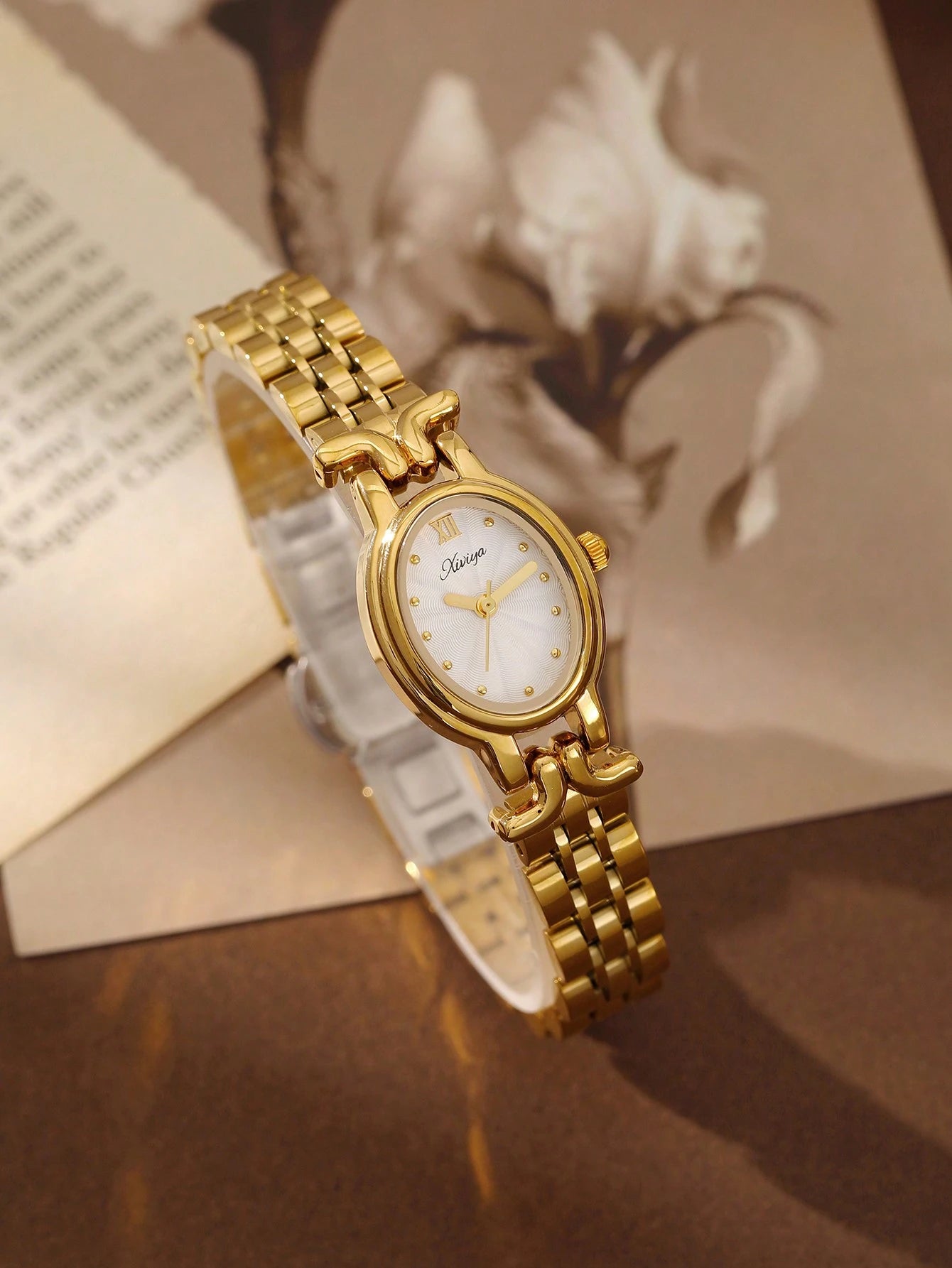 XIVIYA 1pc Women's Gold French Elegance Oval Dial Waterproof Watch, Premium Quality, Great For Gifts