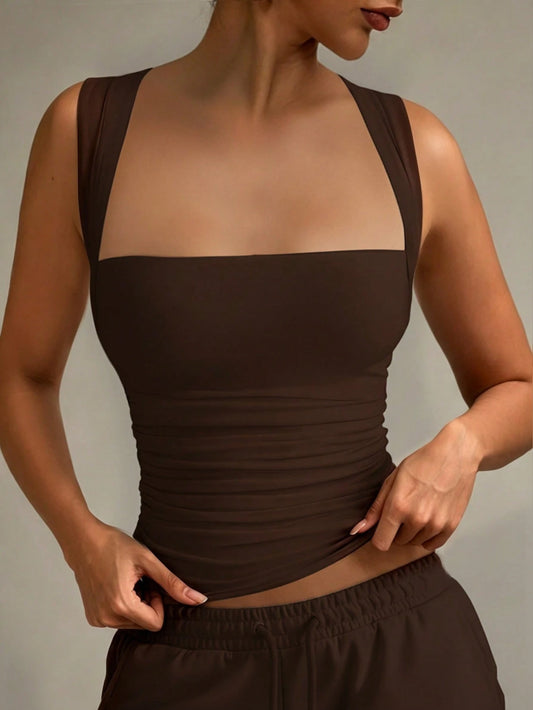 XLLAIS Fashion Turndown Collar White & Brown Casual Vacation Fitted Camisole, Suitable For All Seasons Summer