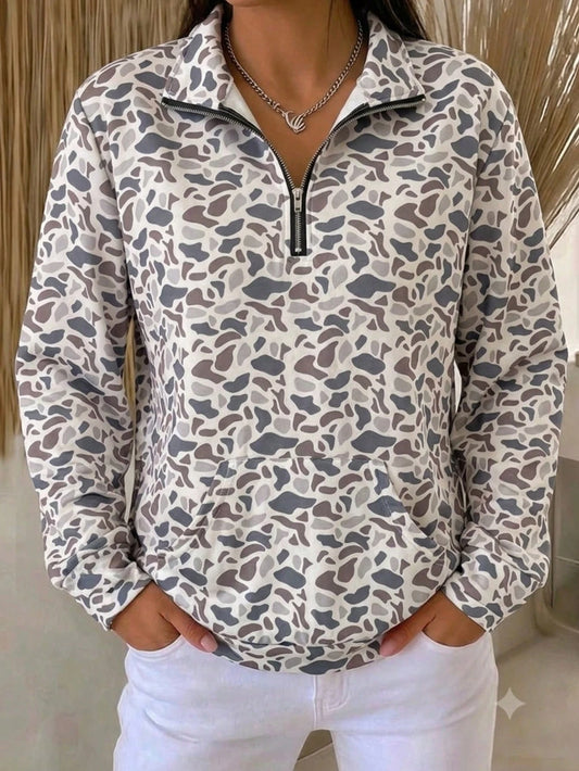 Y2k Duck Camo Long Sleeve, So Cute Camo Half Zip Pullover Sweatshirt, Oversize Polo Shirts,Back-To-School Season Camo Long Sleeve