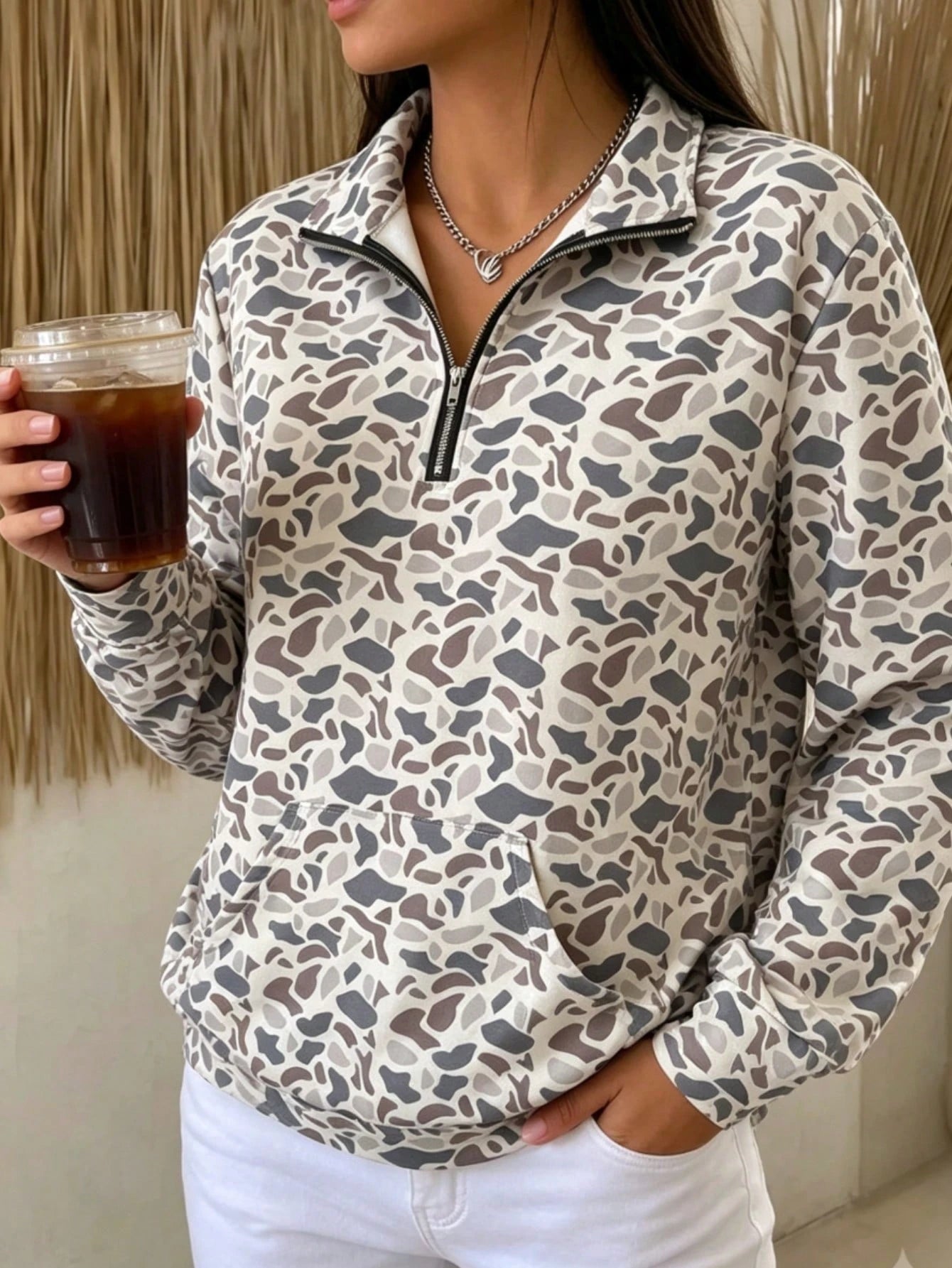 Y2k Duck Camo Long Sleeve, So Cute Camo Half Zip Pullover Sweatshirt, Oversize Polo Shirts,Back-To-School Season Camo Long Sleeve