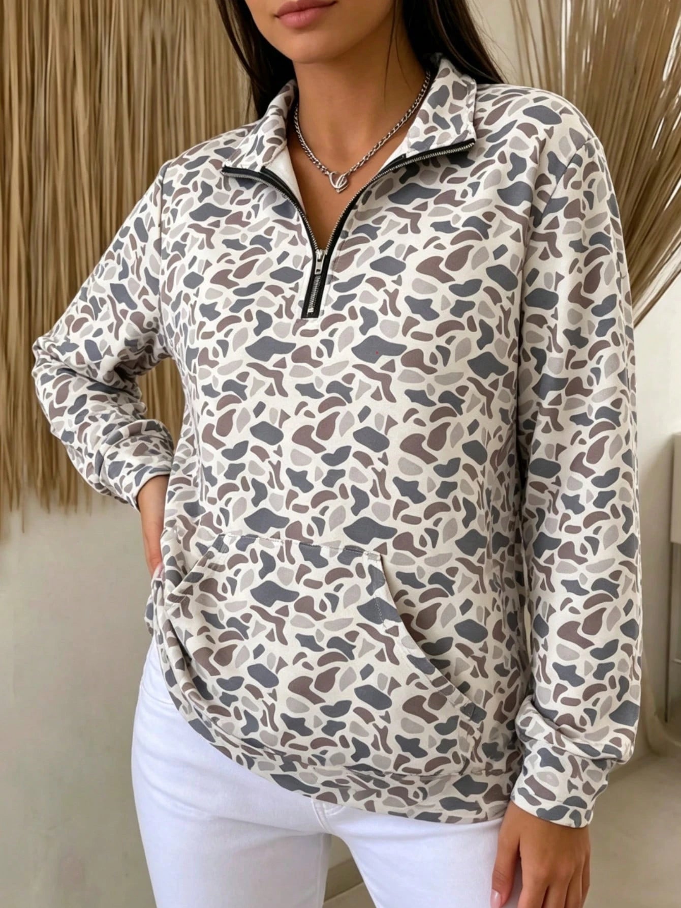 Y2k Duck Camo Long Sleeve, So Cute Camo Half Zip Pullover Sweatshirt, Oversize Polo Shirts,Back-To-School Season Camo Long Sleeve