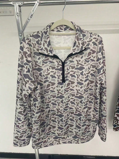 Y2k Duck Camo Long Sleeve, So Cute Camo Half Zip Pullover Sweatshirt, Oversize Polo Shirts,Back-To-School Season Camo Long Sleeve