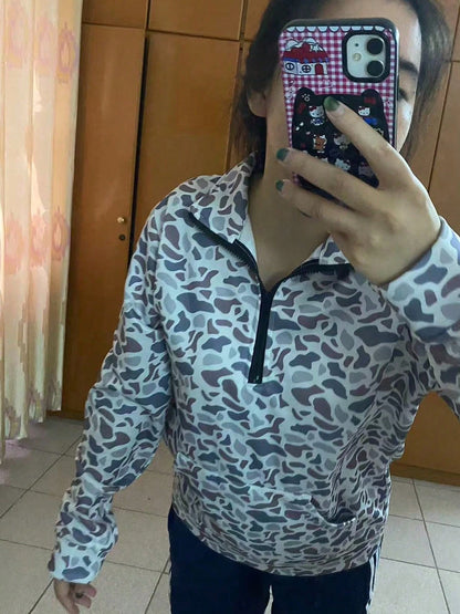 Y2k Duck Camo Long Sleeve, So Cute Camo Half Zip Pullover Sweatshirt, Oversize Polo Shirts,Back-To-School Season Camo Long Sleeve