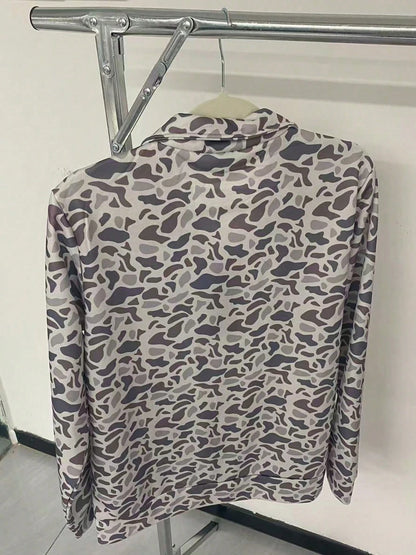 Y2k Duck Camo Long Sleeve, So Cute Camo Half Zip Pullover Sweatshirt, Oversize Polo Shirts,Back-To-School Season Camo Long Sleeve