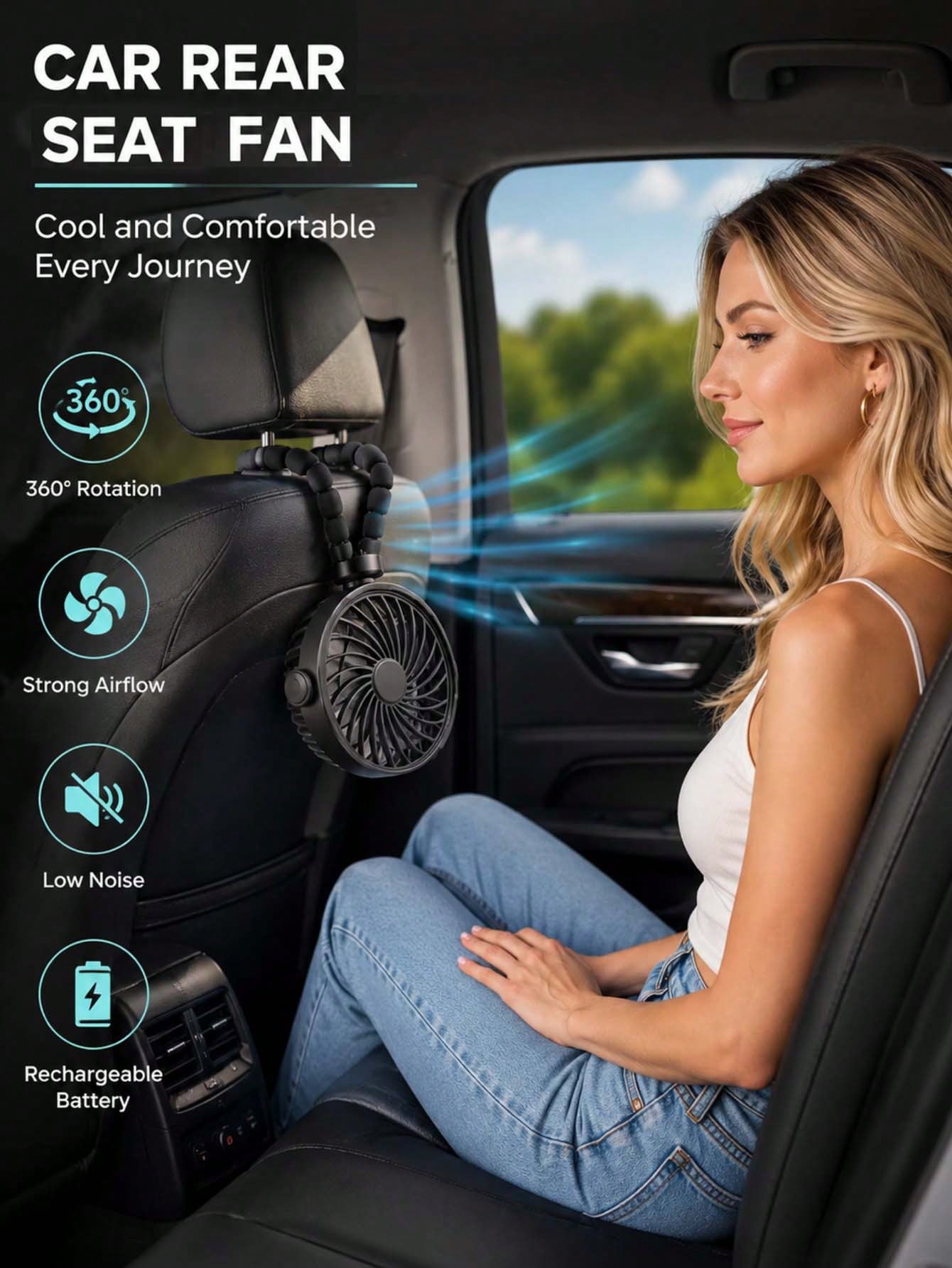YAIUZGOO Car Clip On Fan With LED Display Smart Clip-On Fan-Rechargeable, Versatile Personal Airflow, Ideal For The Office, Car, Under An Umbrella, And While Traveling