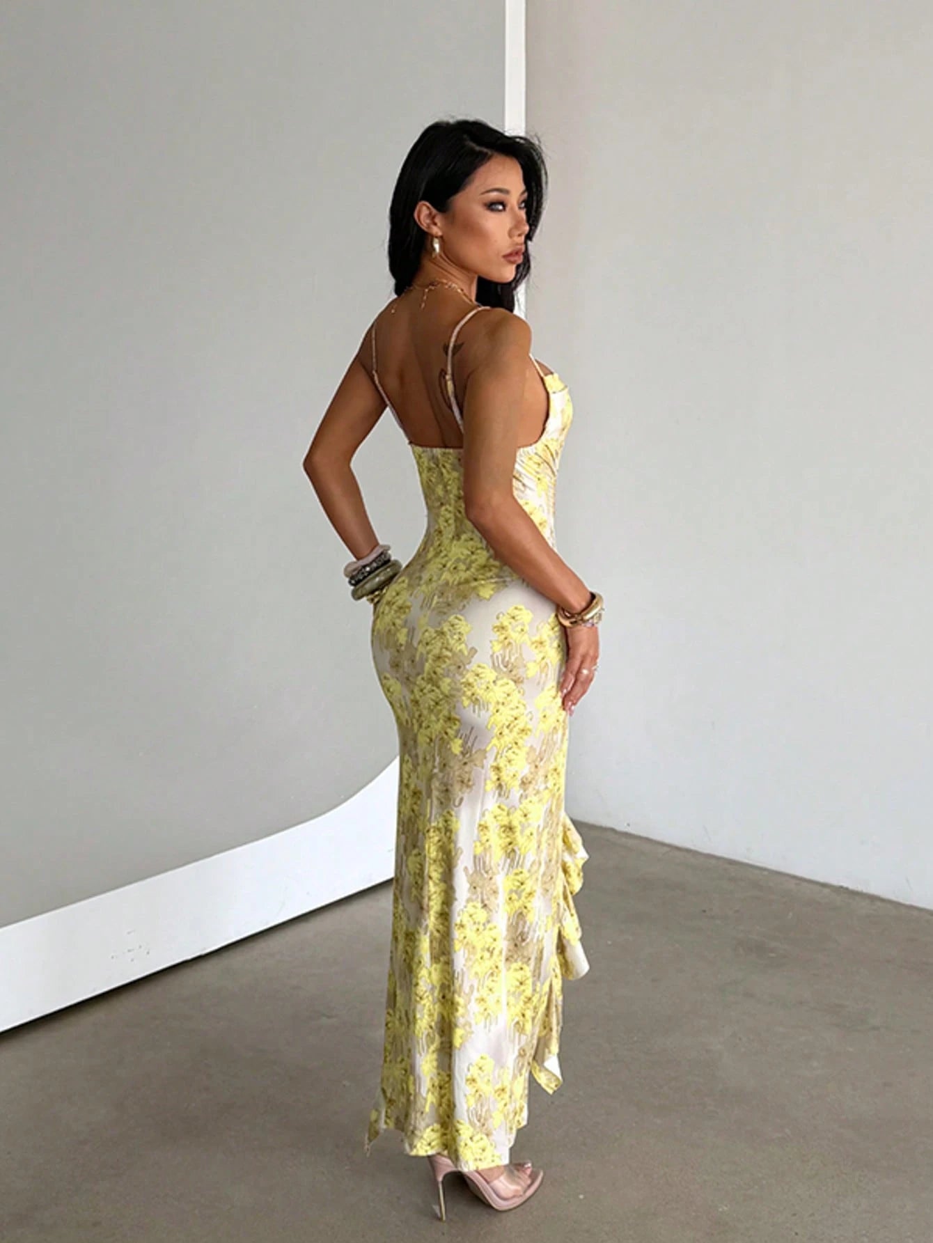 Yellow Floral Print Knitted Dress, Elegant & Sexy, Ruffle Trim, High Side Slit, Birthday, Party, Vacation, Date, Outing, Summer, Beach