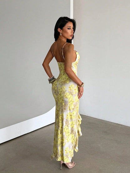 Yellow Floral Print Knitted Dress, Elegant & Sexy, Ruffle Trim, High Side Slit, Birthday, Party, Vacation, Date, Outing, Summer, Beach