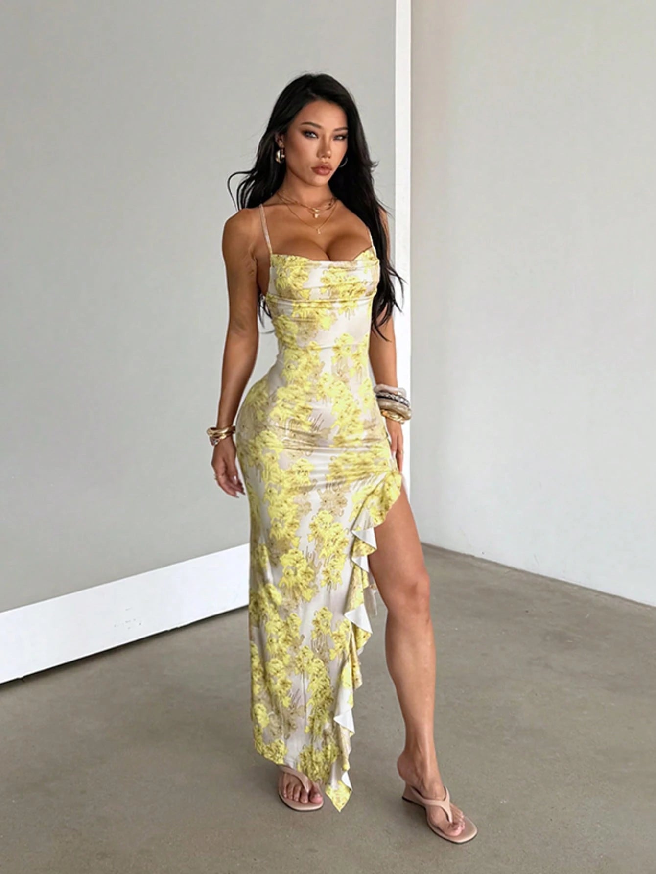 Yellow Floral Print Knitted Dress, Elegant & Sexy, Ruffle Trim, High Side Slit, Birthday, Party, Vacation, Date, Outing, Summer, Beach