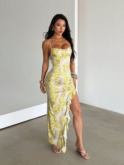 Yellow Floral Print Knitted Dress, Elegant & Sexy, Ruffle Trim, High Side Slit, Birthday, Party, Vacation, Date, Outing, Summer, Beach