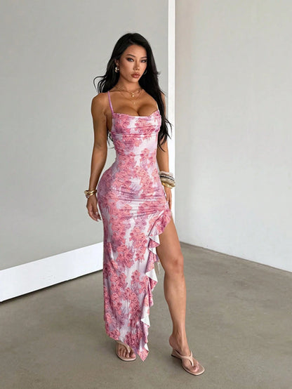 Yellow Floral Print Knitted Dress, Elegant & Sexy, Ruffle Trim, High Side Slit, Birthday, Party, Vacation, Date, Outing, Summer, Beach