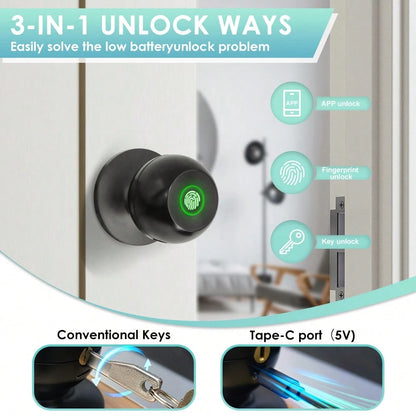 YFK Biometric Smart Fingerprint Door Handle, Keyless Entry Bedroom Door Lock With APP Control & Backup Mechanical Key, Interior Security Lock For Bedroom, Apartment & Office, Black/Silver