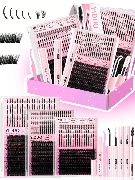 YIDUO 816Pcs DD Curl Lash Clusters Kit With Ultra-Dense, Waterproof, Long-Lasting Lashes, 60D/80D/100D/Spikes/Bottom, Hybrid Volume Look, Beginner-Friendly,Includes Lash Glue, Tweezersfor Wedding, Bir