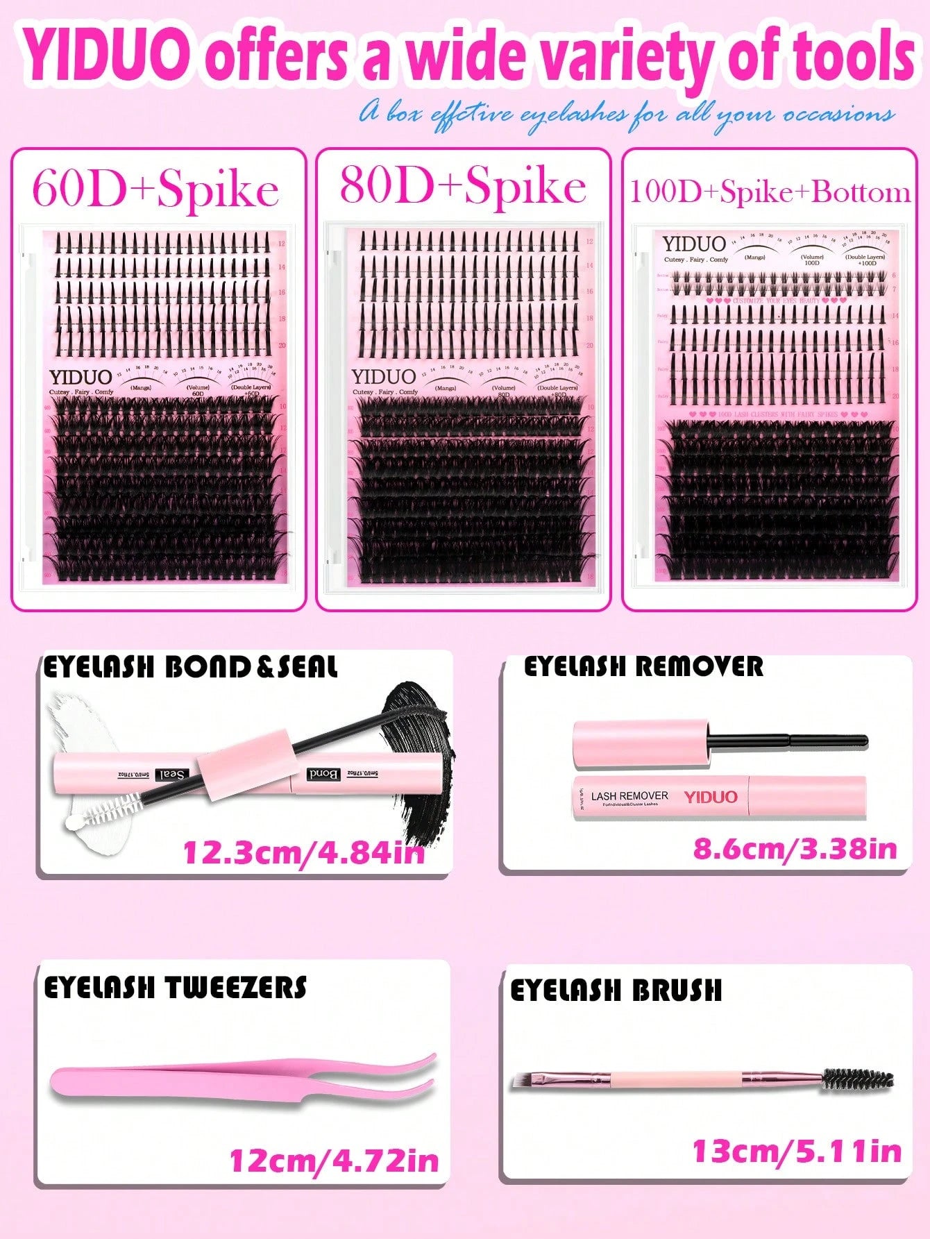 YIDUO 816Pcs DD Curl Lash Clusters Kit With Ultra-Dense, Waterproof, Long-Lasting Lashes, 60D/80D/100D/Spikes/Bottom, Hybrid Volume Look, Beginner-Friendly,Includes Lash Glue, Tweezersfor Wedding, Bir