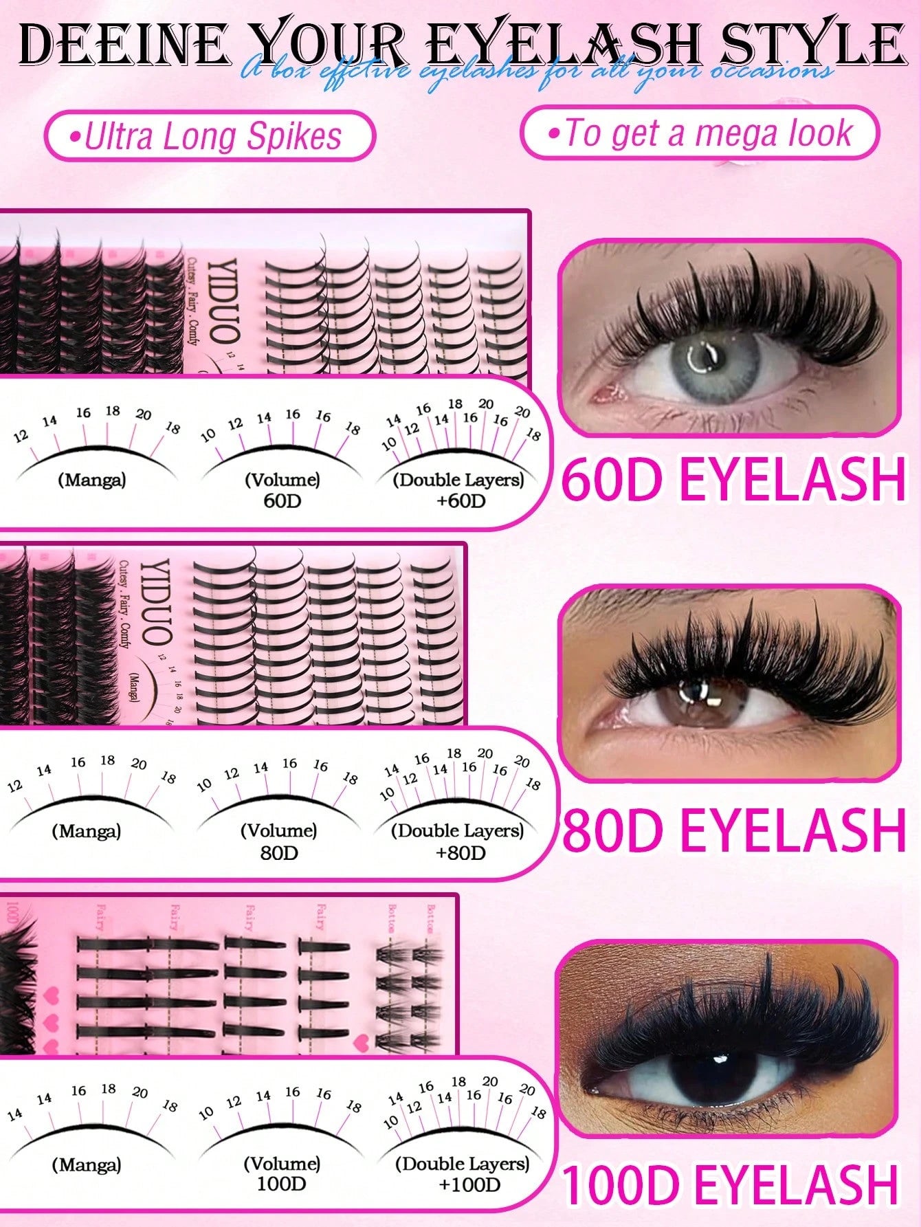 YIDUO 816Pcs DD Curl Lash Clusters Kit With Ultra-Dense, Waterproof, Long-Lasting Lashes, 60D/80D/100D/Spikes/Bottom, Hybrid Volume Look, Beginner-Friendly,Includes Lash Glue, Tweezersfor Wedding, Bir