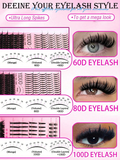 YIDUO 816Pcs DD Curl Lash Clusters Kit With Ultra-Dense, Waterproof, Long-Lasting Lashes, 60D/80D/100D/Spikes/Bottom, Hybrid Volume Look, Beginner-Friendly,Includes Lash Glue, Tweezersfor Wedding, Bir