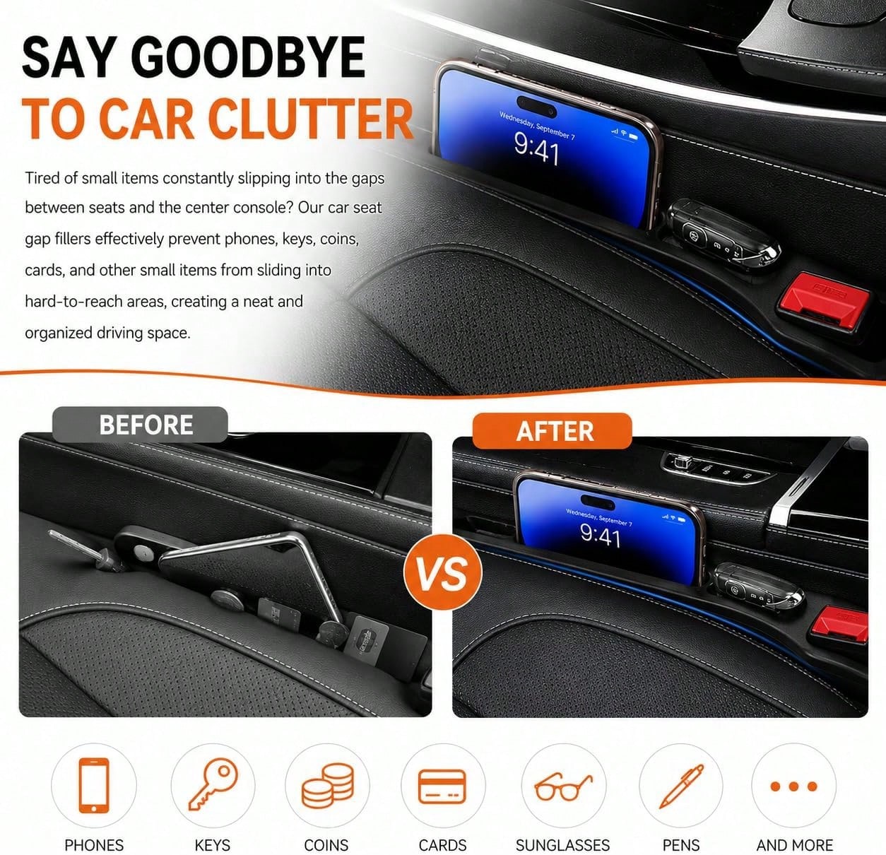 YIWSKJ Car Seat Gap Filler 2 Pack, Universal Fit No Drop Seat Guard With Storage Pocket, Car Seat Gap Plug Prevents Phones, Keys And Coins From Falling, Auto Accessories For SUV, Truck, Sedan