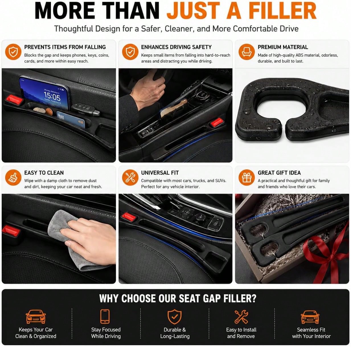 YIWSKJ Car Seat Gap Filler 2 Pack, Universal Fit No Drop Seat Guard With Storage Pocket, Car Seat Gap Plug Prevents Phones, Keys And Coins From Falling, Auto Accessories For SUV, Truck, Sedan