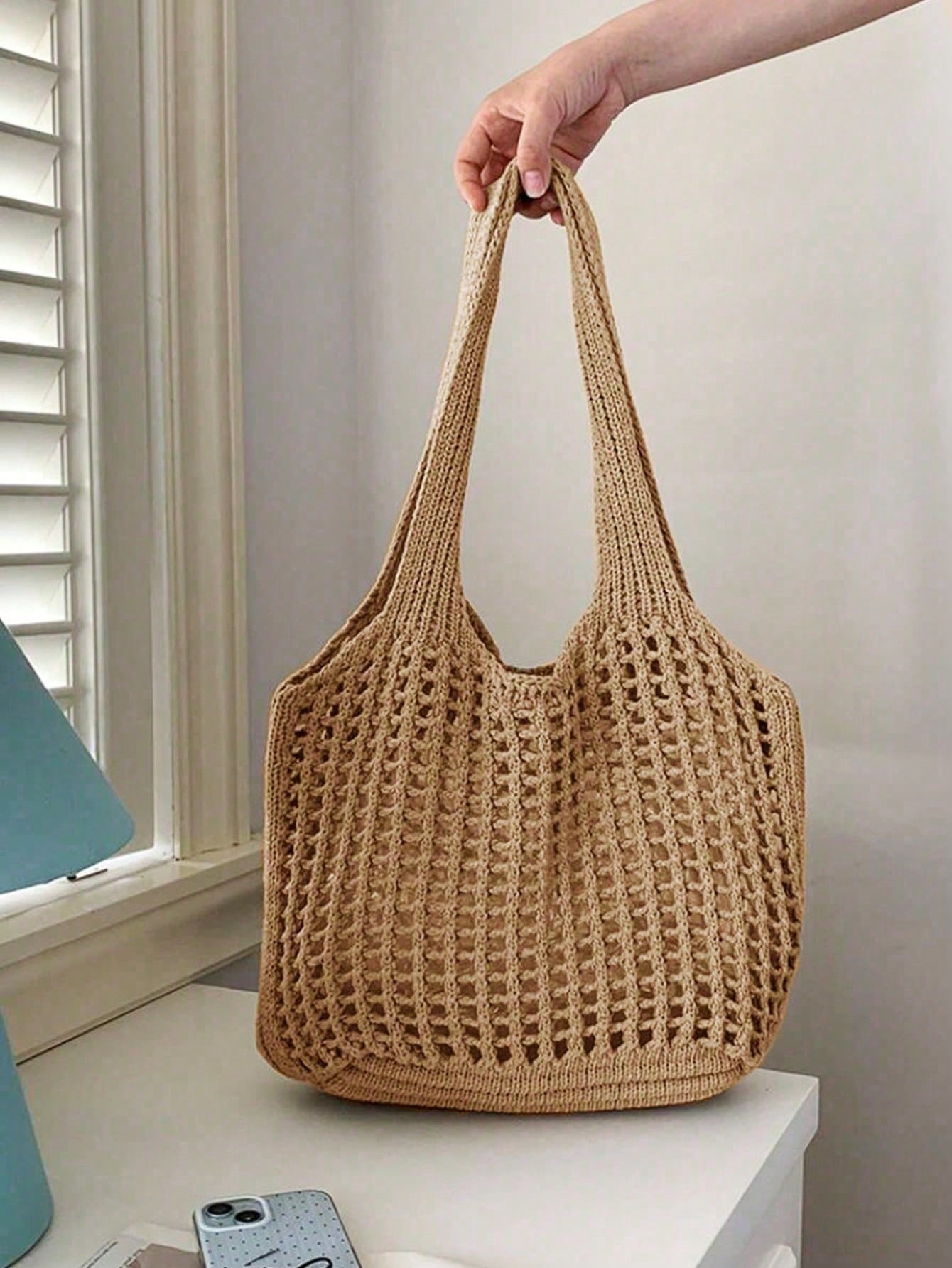 Yogodlns Lightweight Leisure Hollow Out Woven Shopping Crochet Bag For Women, Large Capacity Tote Bags For Travel, Multifunctional Kitchen Storage Mesh Bag
