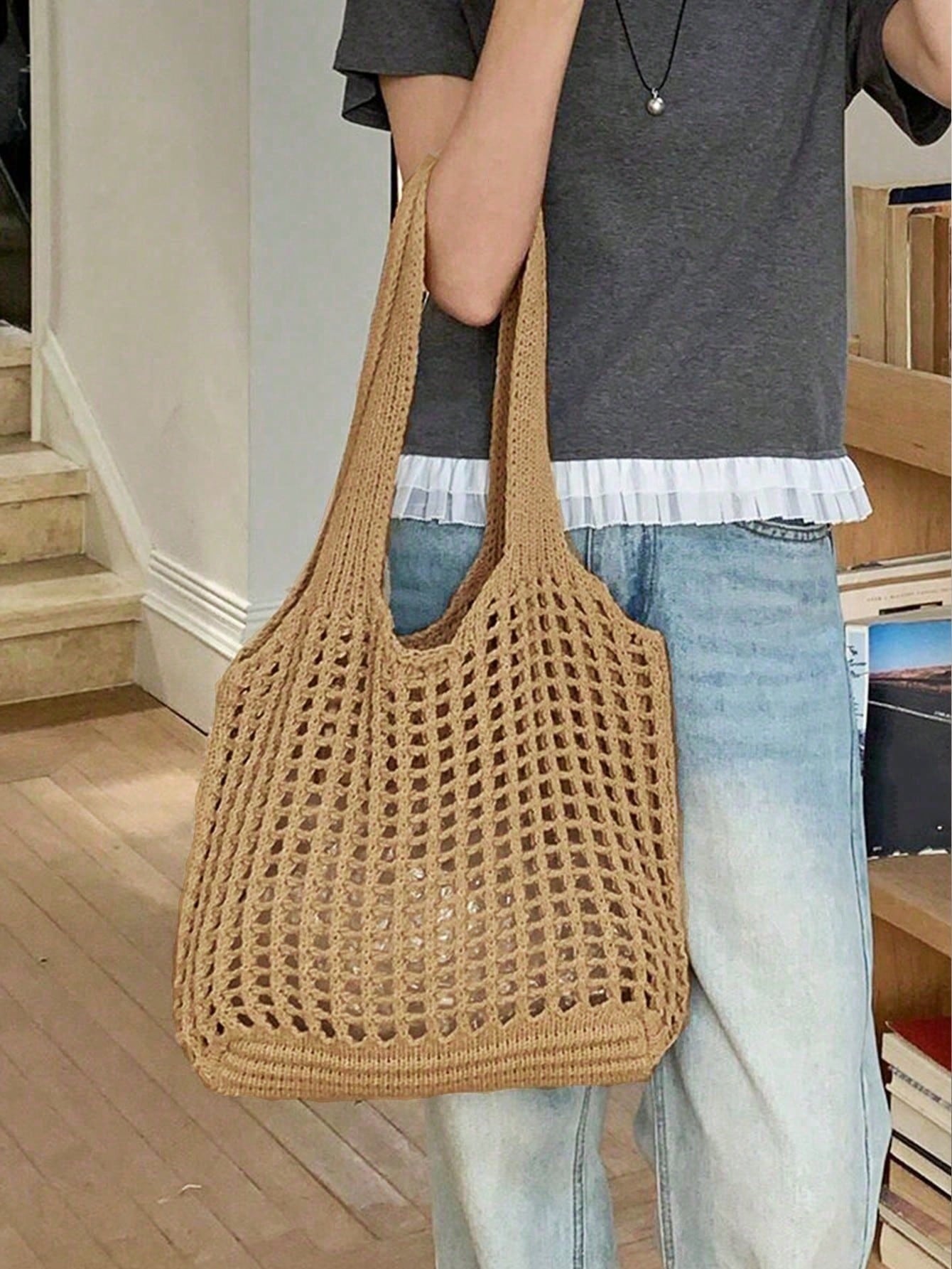 Yogodlns Lightweight Leisure Hollow Out Woven Shopping Crochet Bag For Women, Large Capacity Tote Bags For Travel, Multifunctional Kitchen Storage Mesh Bag