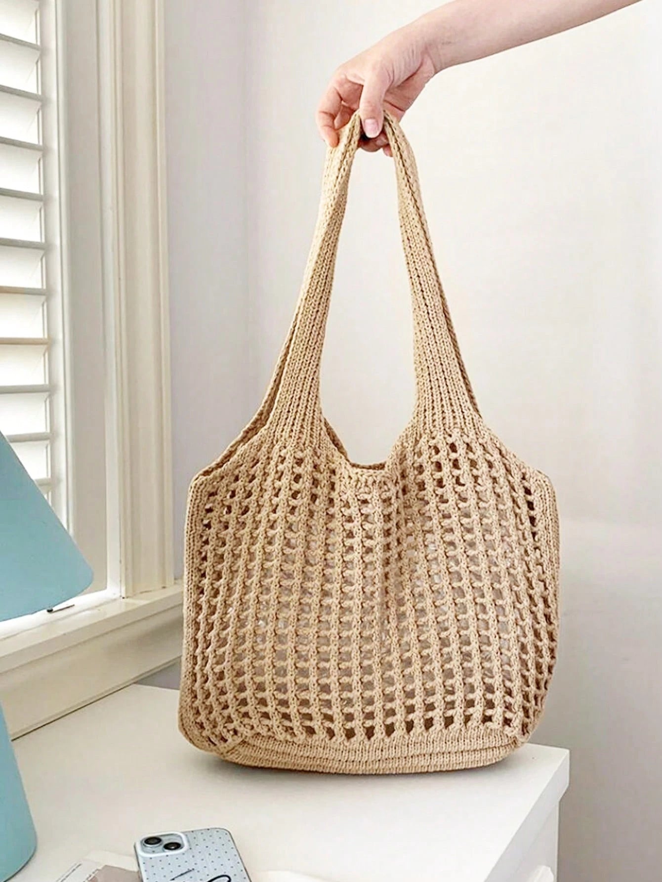 Yogodlns Lightweight Leisure Hollow Out Woven Shopping Crochet Bag For Women, Large Capacity Tote Bags For Travel, Multifunctional Kitchen Storage Mesh Bag