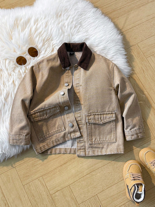 Young Boy Barnfit Style Fashion Vintage Khaki Denim Pocket Long Sleeves With Contrasting Colors Lapel Loose Fit Jacket,For Fall/Winter Dailywear,Streetwear, And Christmas,Winter Jacket,Denim