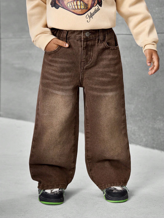 Young Boy Casual Vintage Distressed Washed Loose Fit Brown Denim Jeans, Fall/Winter Dailywear,Streetwear,Christmas,New Year,Thanksgiving,Stylish, Baggy Y2k Jeans,2000s