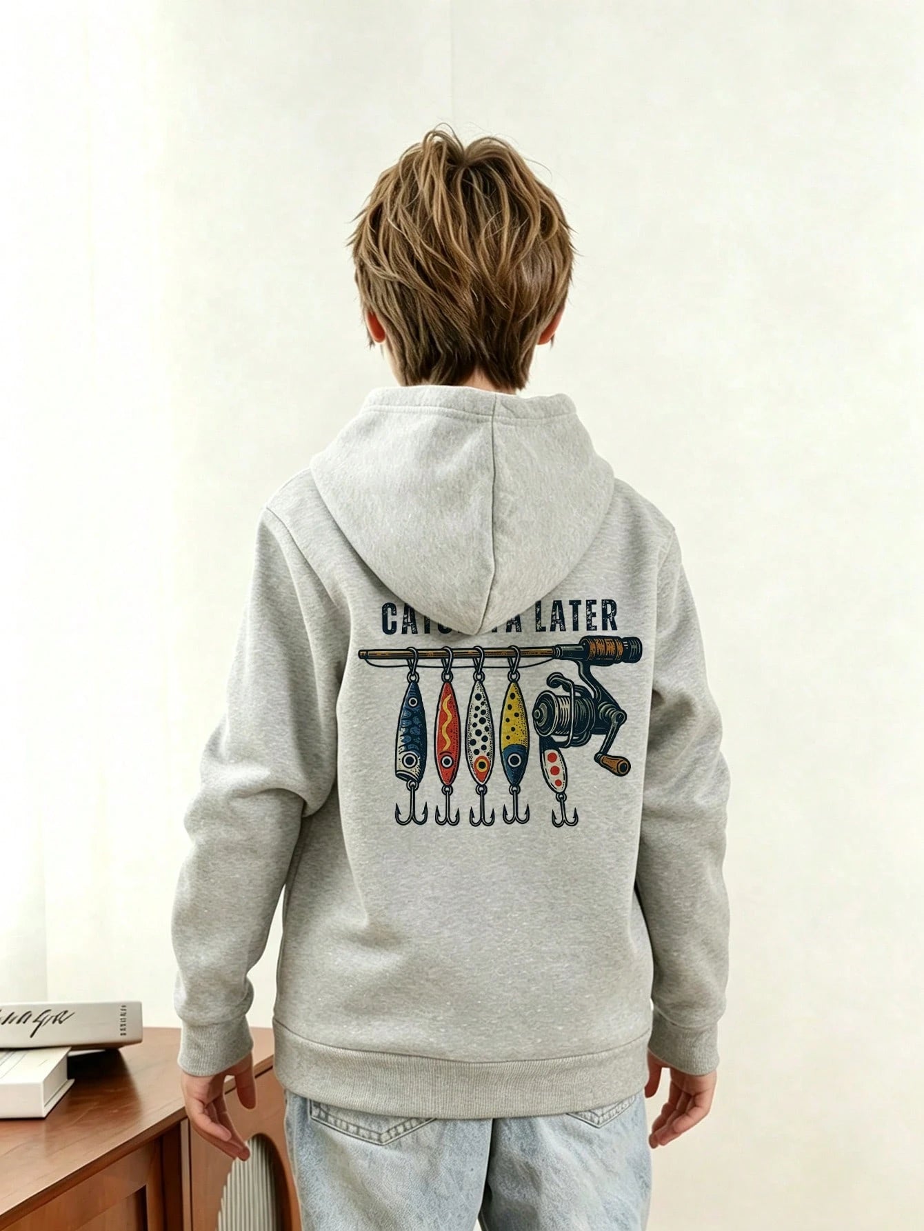 Young Boy Fun Print Pullover Sweatshirt, Warm & Comfortable Thermal-Lined Pullover Sweatshirt For Autumn/Winter
