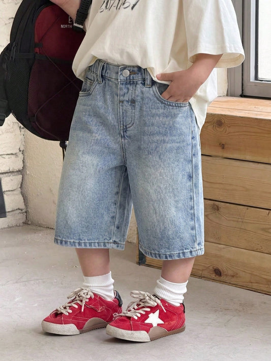 Young Boy New Fashion Casual Soft Basic Light Blue Denim Baggy Long Jeans Short Spring Summer,For Kids Boys Spring/Summer Dailywear,Boys Streetwear,Festival For Boys,Party For Boys,Beach For Boy