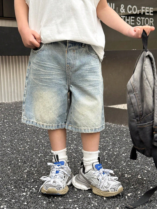 Young Boy Summer Retro Vintage Washed Cat Whiskers Loose Fit Blue Denim Bermuda Shorts, Spring/Summer Streetwear And Spring Break