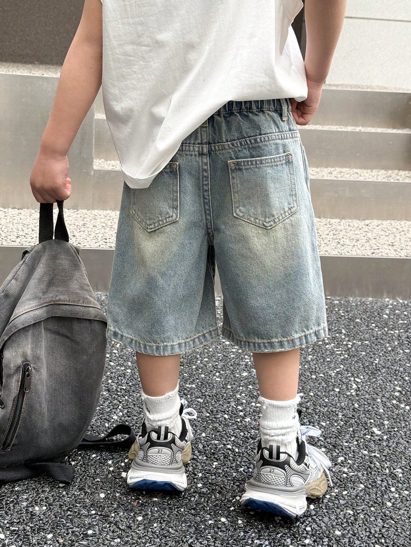 Young Boy Summer Retro Vintage Washed Cat Whiskers Loose Fit Blue Denim Bermuda Shorts, Spring/Summer Streetwear And Spring Break