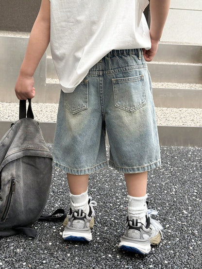 Young Boy Summer Retro Vintage Washed Cat Whiskers Loose Fit Blue Denim Bermuda Shorts, Spring/Summer Streetwear And Spring Break