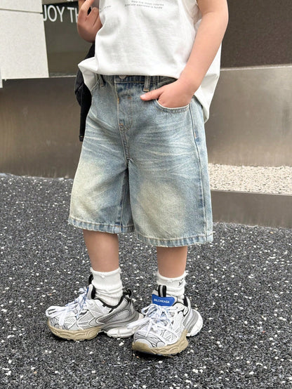 Young Boy Summer Retro Vintage Washed Cat Whiskers Loose Fit Blue Denim Bermuda Shorts, Spring/Summer Streetwear And Spring Break