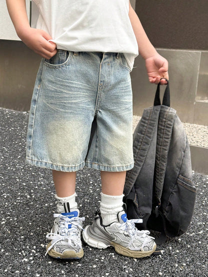Young Boy Summer Retro Vintage Washed Cat Whiskers Loose Fit Blue Denim Bermuda Shorts, Spring/Summer Streetwear And Spring Break