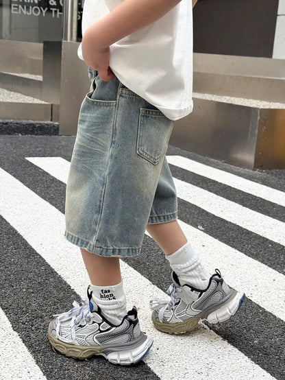 Young Boy Summer Retro Vintage Washed Cat Whiskers Loose Fit Blue Denim Bermuda Shorts, Spring/Summer Streetwear And Spring Break