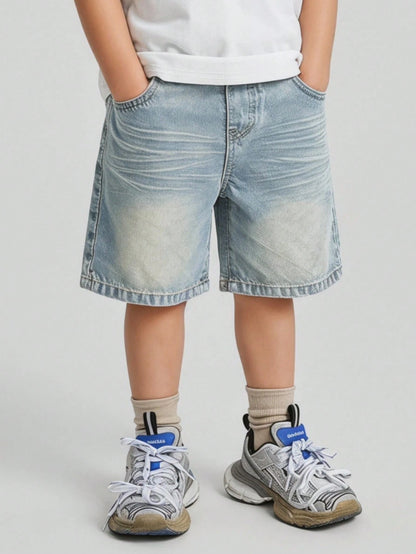 Young Boy Summer Retro Vintage Washed Cat Whiskers Loose Fit Blue Denim Bermuda Shorts, Spring/Summer Streetwear And Spring Break