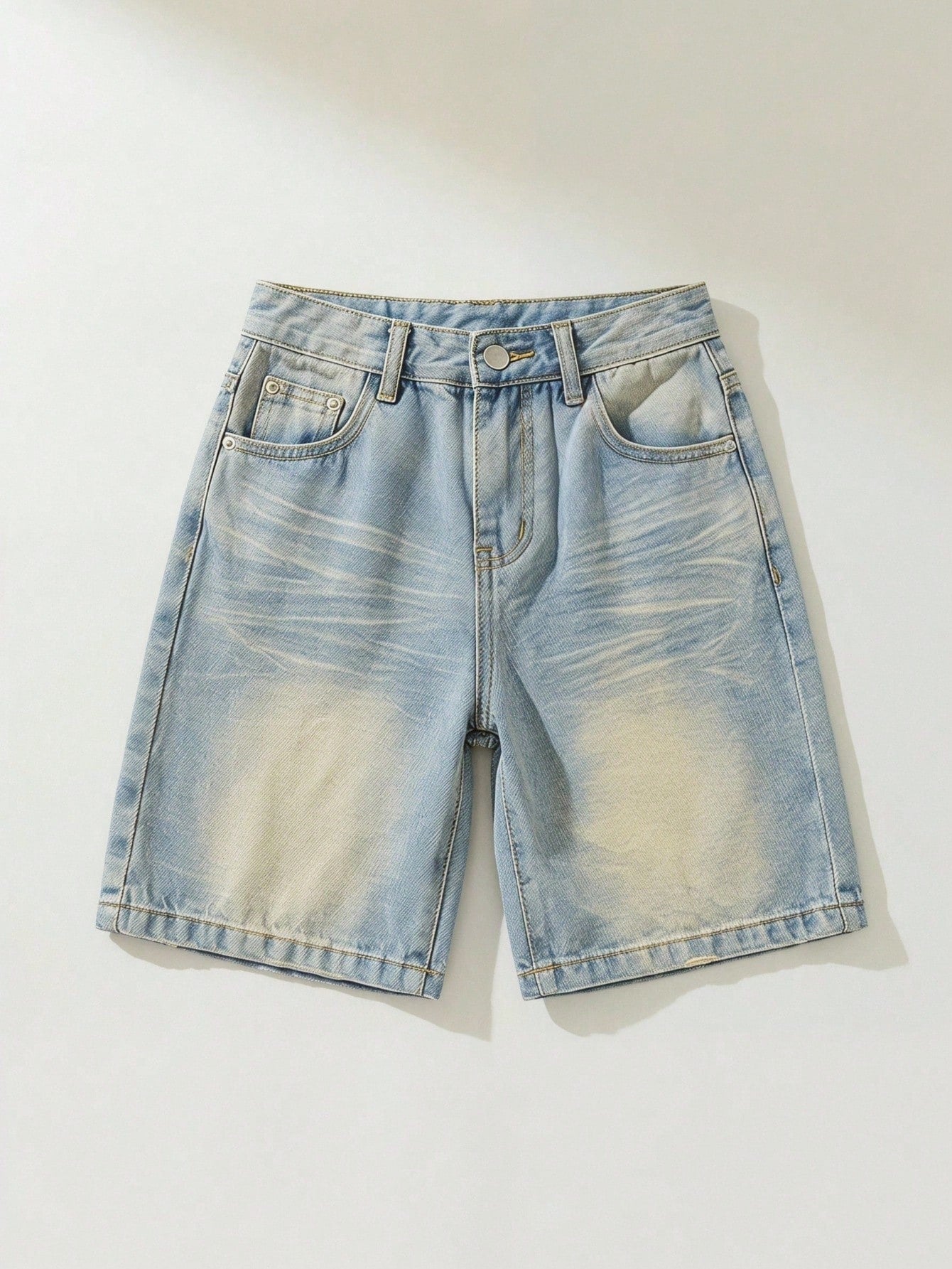 Young Boy Summer Retro Vintage Washed Cat Whiskers Loose Fit Blue Denim Bermuda Shorts, Spring/Summer Streetwear And Spring Break