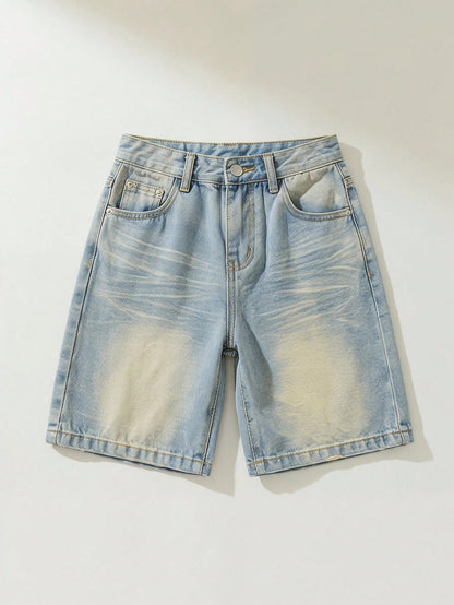 Young Boy Summer Retro Vintage Washed Cat Whiskers Loose Fit Blue Denim Bermuda Shorts, Spring/Summer Streetwear And Spring Break