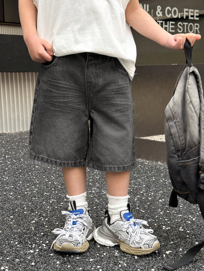 Young Boy Summer Retro Vintage Washed Cat Whiskers Loose Fit Blue Denim Bermuda Shorts, Spring/Summer Streetwear And Spring Break
