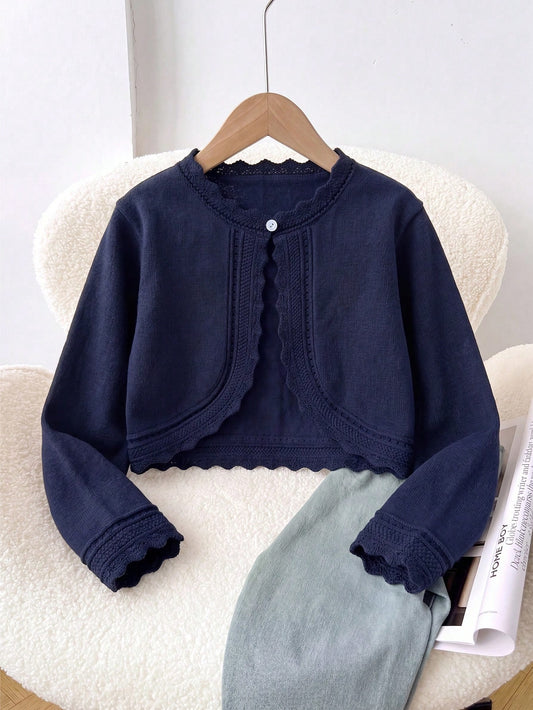 Young Girl Elegant Solid Color Knit Cardigans With Scallop Trim