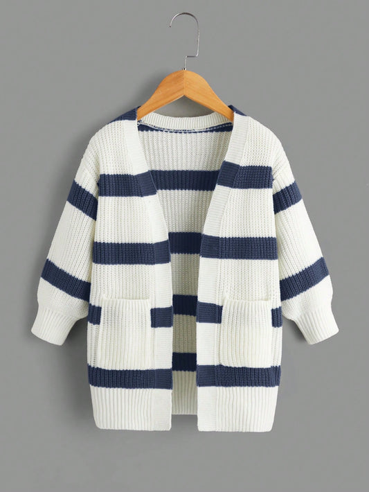 Young Girl Striped Pattern Drop Shoulder Duster Cardigan In Fall/Winter