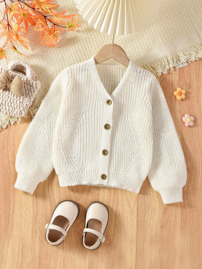Young Girls Lightweight V-Neck Cardigans,Cozy Flared Sleeves Fashion Knitwear For Winter,School,Back-To-School,Daily Wear,Beige,White,Light Yellow
