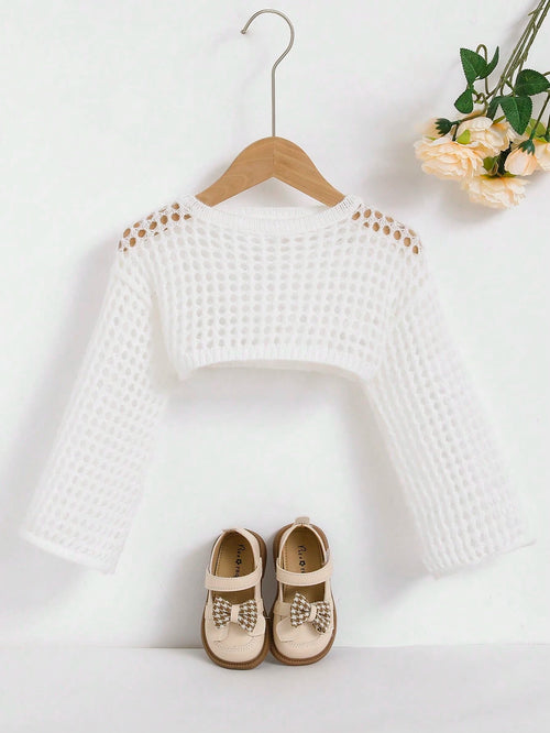 Young Girls' White Hollow Out Crop Sweater,Cute Bowknot Decor Drop Shoulder Round Neck Knitted Sweaters,Soft Casual Top For Daily,School,Vacation
