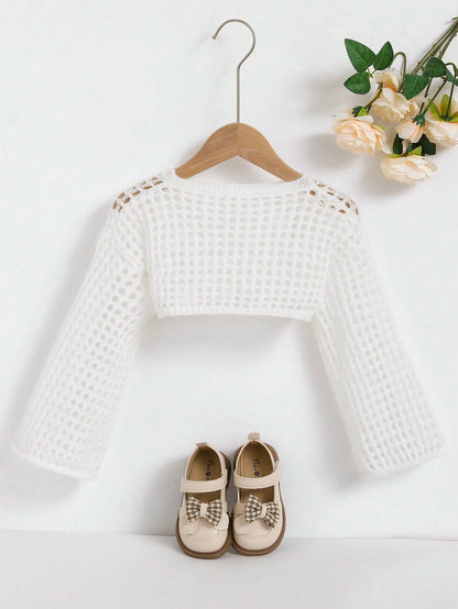 Young Girls' White Hollow Out Crop Sweater,Cute Bowknot Decor Drop Shoulder Round Neck Knitted Sweaters,Soft Casual Top For Daily,School,Vacation