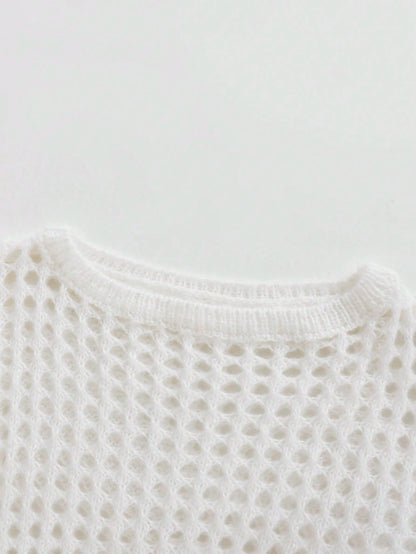 Young Girls' White Hollow Out Crop Sweater,Cute Bowknot Decor Drop Shoulder Round Neck Knitted Sweaters,Soft Casual Top For Daily,School,Vacation